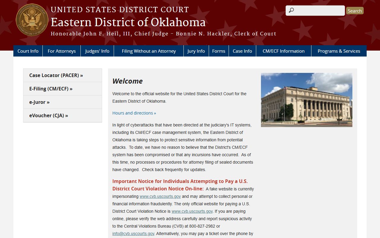 Federal Eastern District of Oklahoma clerk page contrasted with the Le Flore County Court Clerk court records