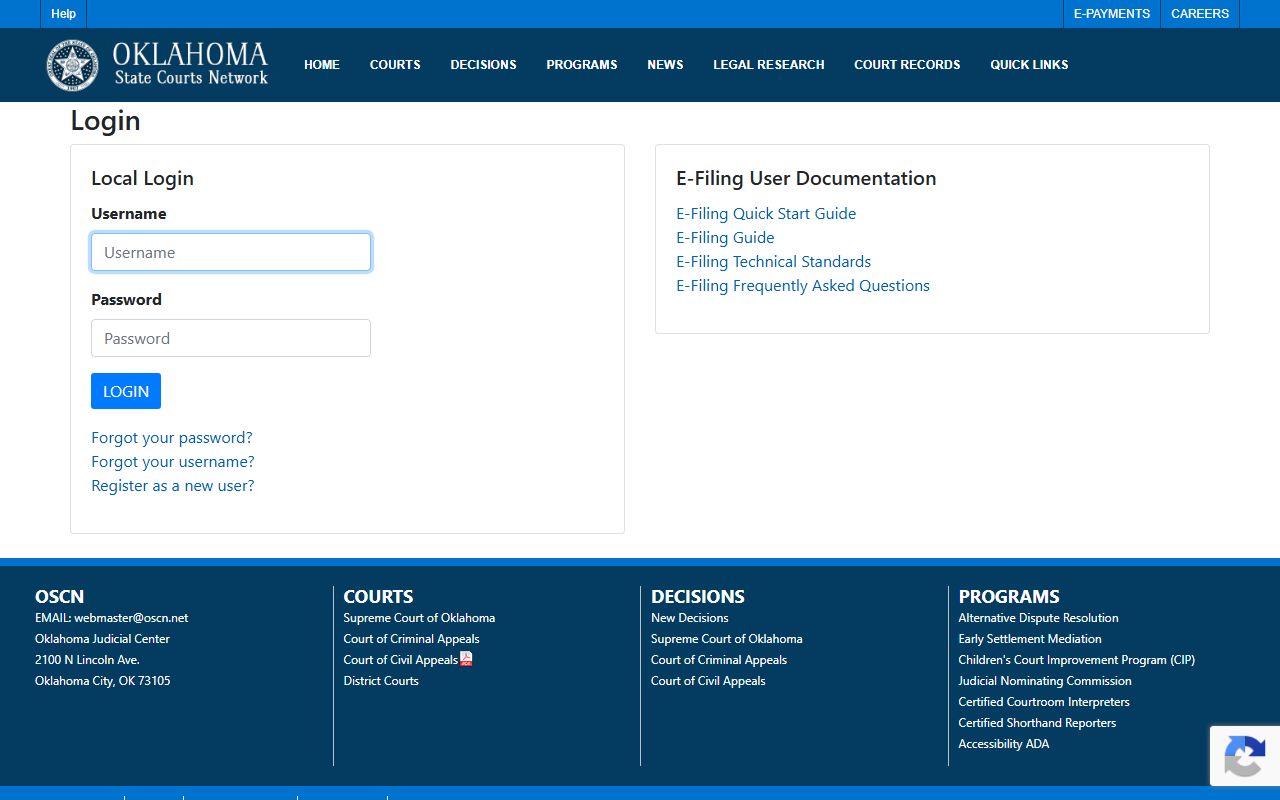 Oklahoma e-filing portal that feeds Le Flore County court records