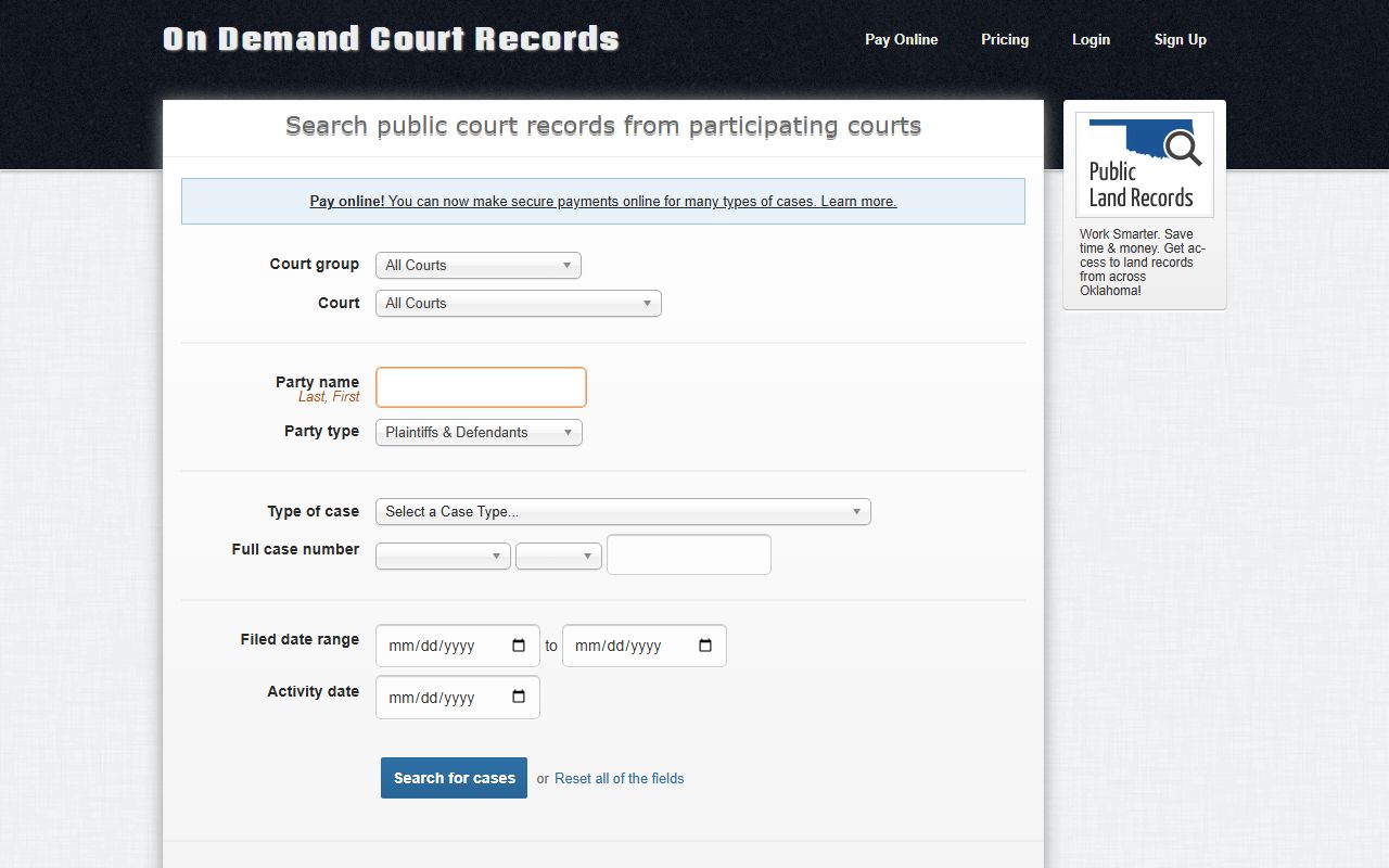 Le Flore County court records search on the ODCR party name lookup page