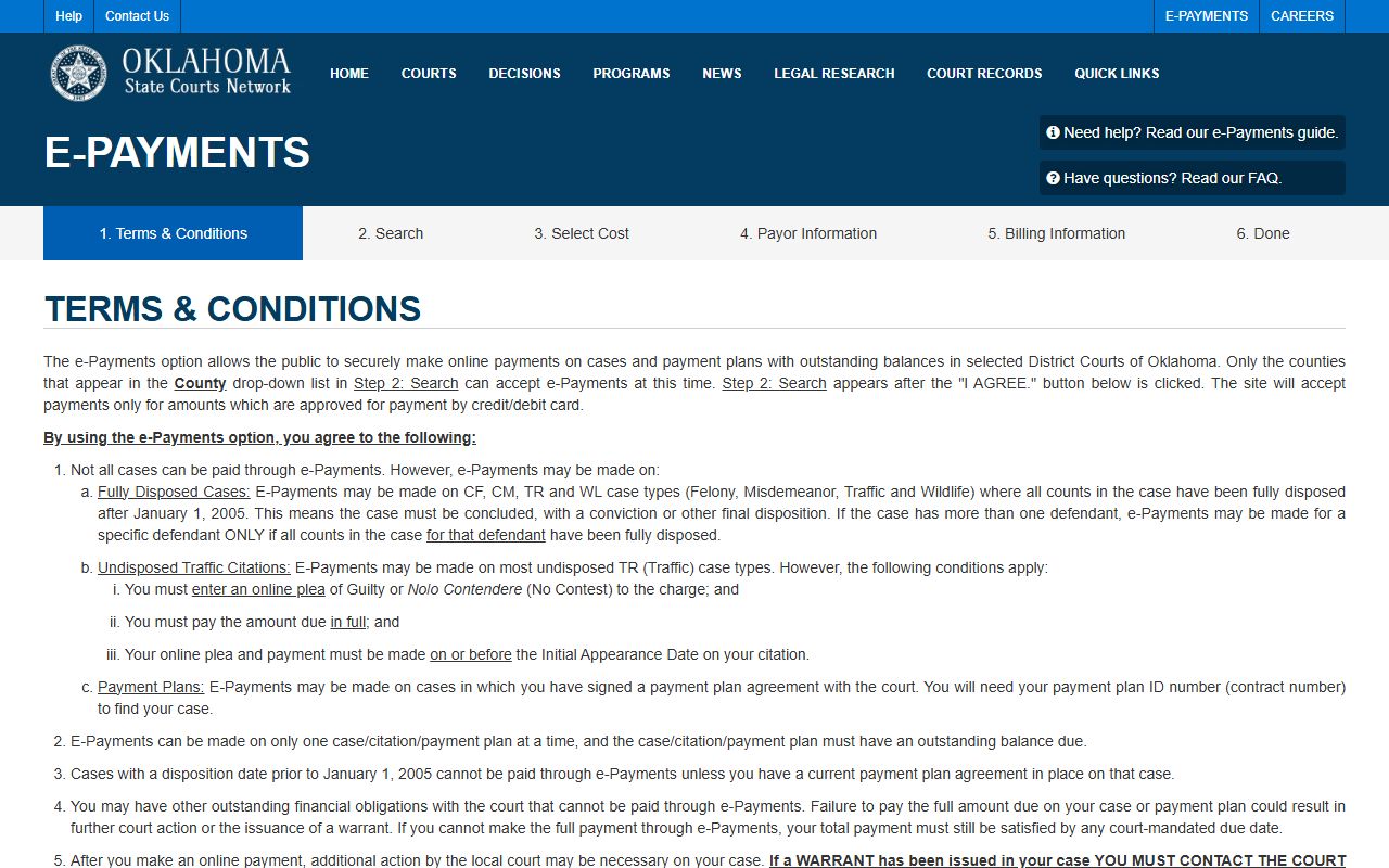 Le Flore County court records payment options on the OSCN e-Payments page