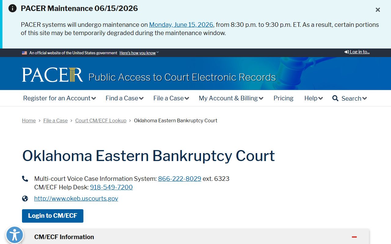 PACER lookup for the federal bankruptcy court, separate from Le Flore County probate records