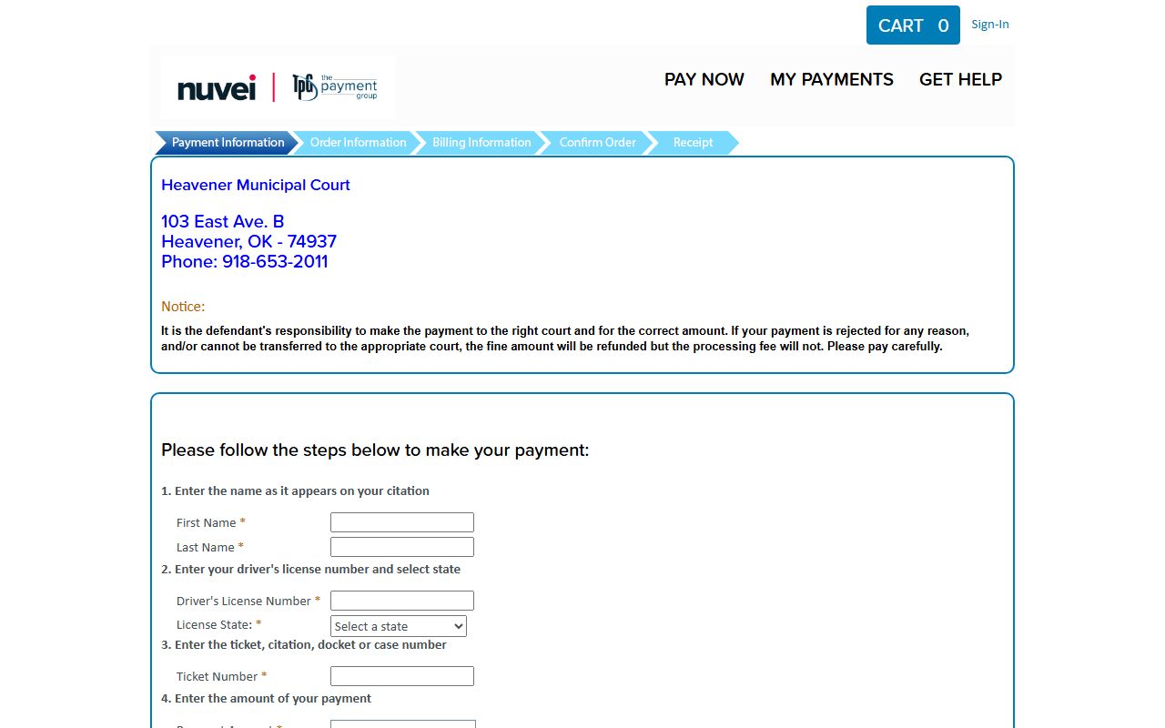 Heavener Municipal Court portal for Le Flore County traffic court records and ticket payment