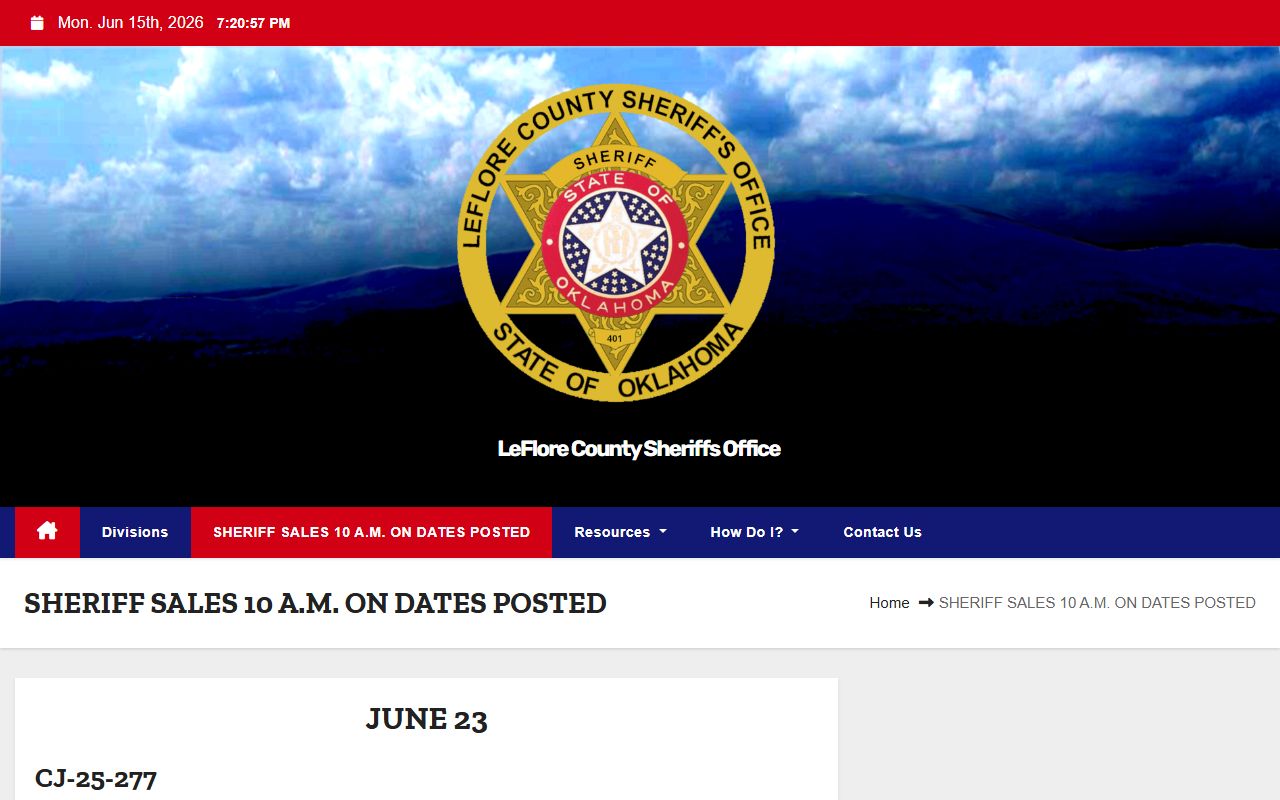 Le Flore County sheriff-sales page with civil CJ cases, not criminal warrants