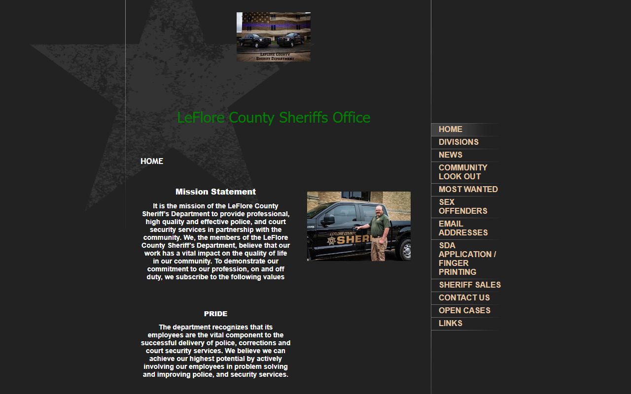 Older Le Flore County Sheriff site with warrant and contact information